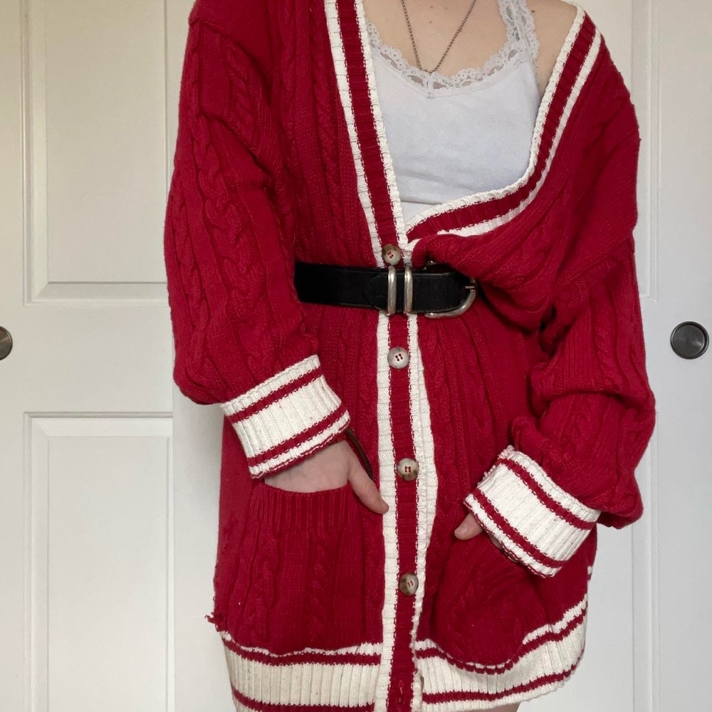 Jones Wear Red and White Varsity Cardigan Sweater